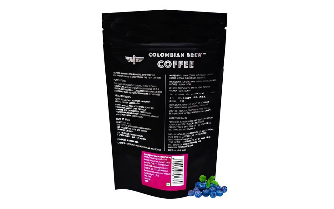 Colombian Brew Blueberry Chocolate Mocha Coffee   Pack  50 grams